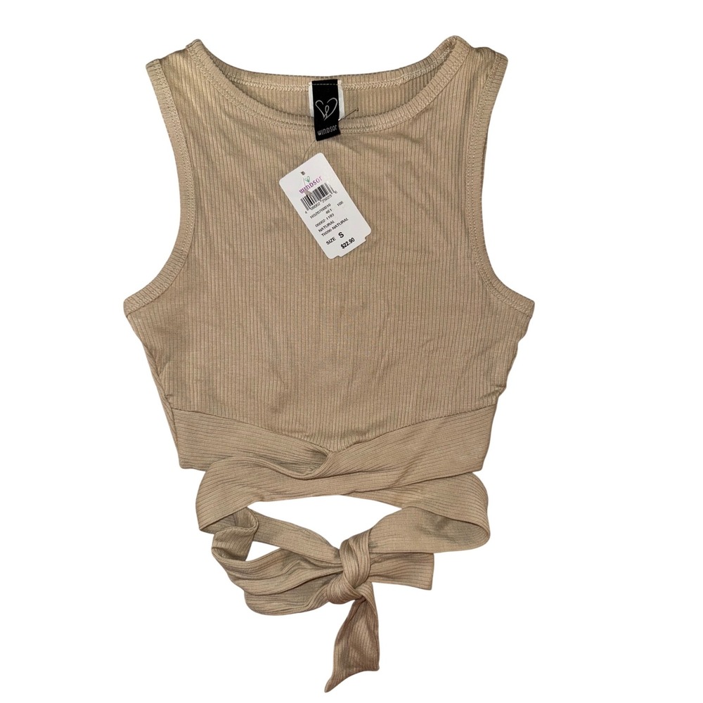 Windsor Natural Beige Ribbed Tie Waist Crop Top Sleeveless Size Small NWT‎